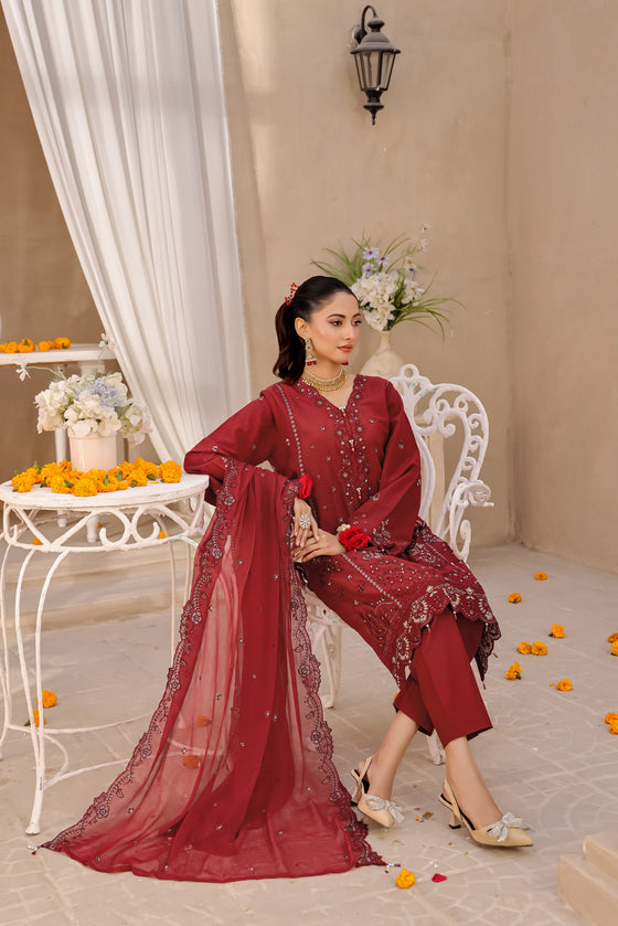 ELEGANCE LUXURY DOBBY EMBROIDERED & HANDWORK FESTIVE EDIT 3PC UNSTITCHED