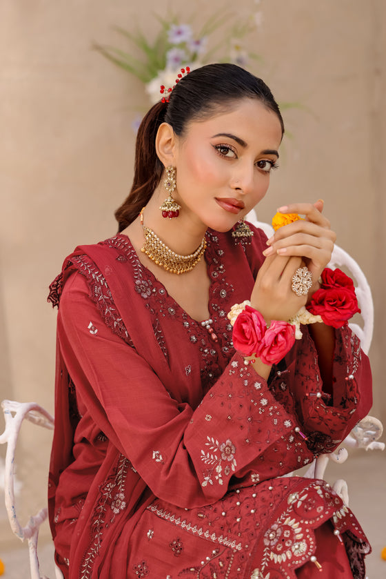 ELEGANCE LUXURY DOBBY EMBROIDERED & HANDWORK FESTIVE EDIT 3PC UNSTITCHED