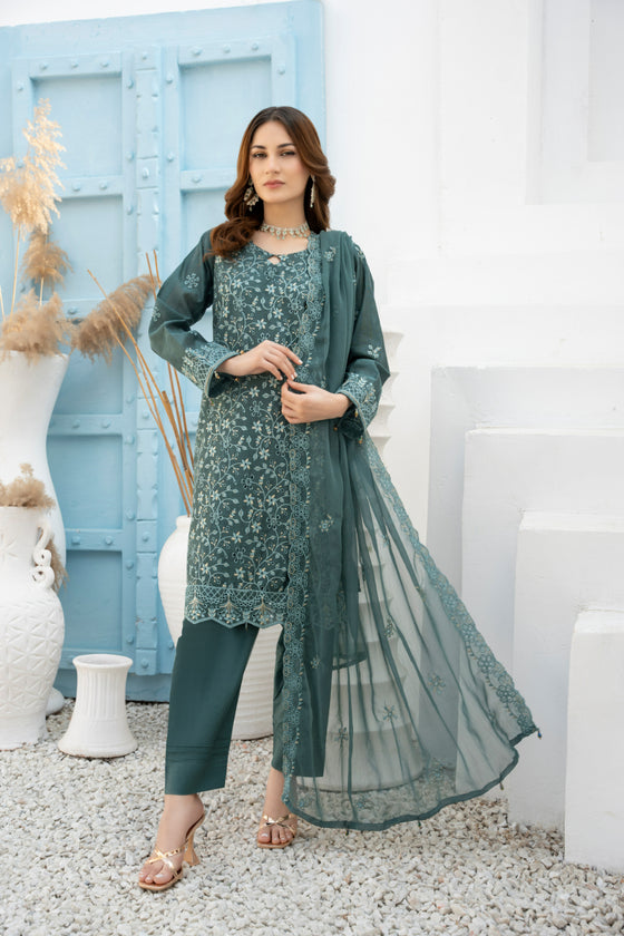 DILKASH -3pc Cotton Two Tune Embroidered suit