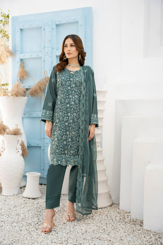 DILKASH -3pc Cotton Two Tune Embroidered suit