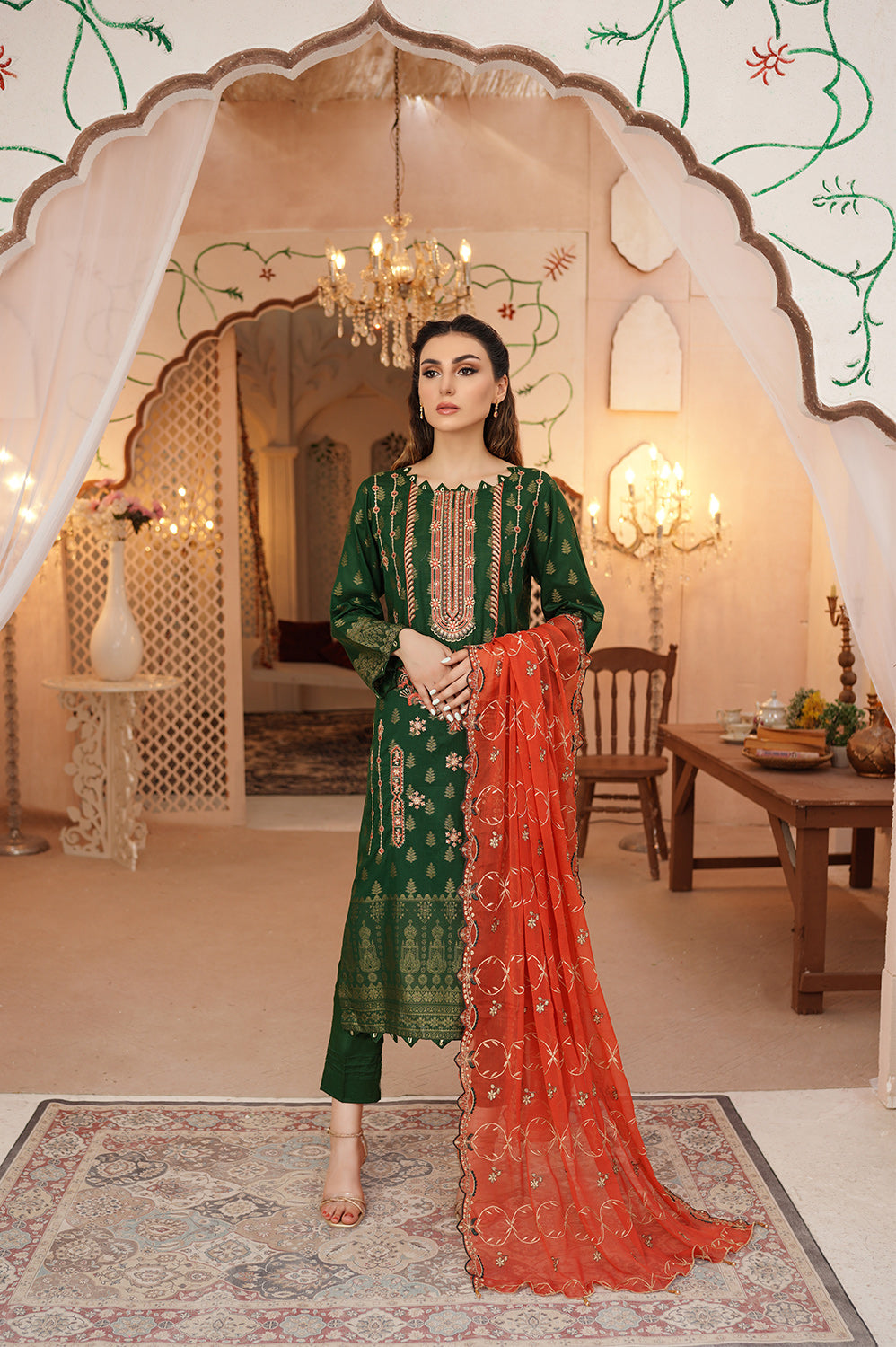Unstitched-3Pc Embroidered Broshia  Suit - Green