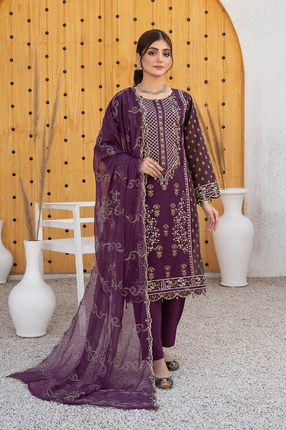 ROYAL JASMINE 3pc-Unsticthed Cotton Embroidered Suit
