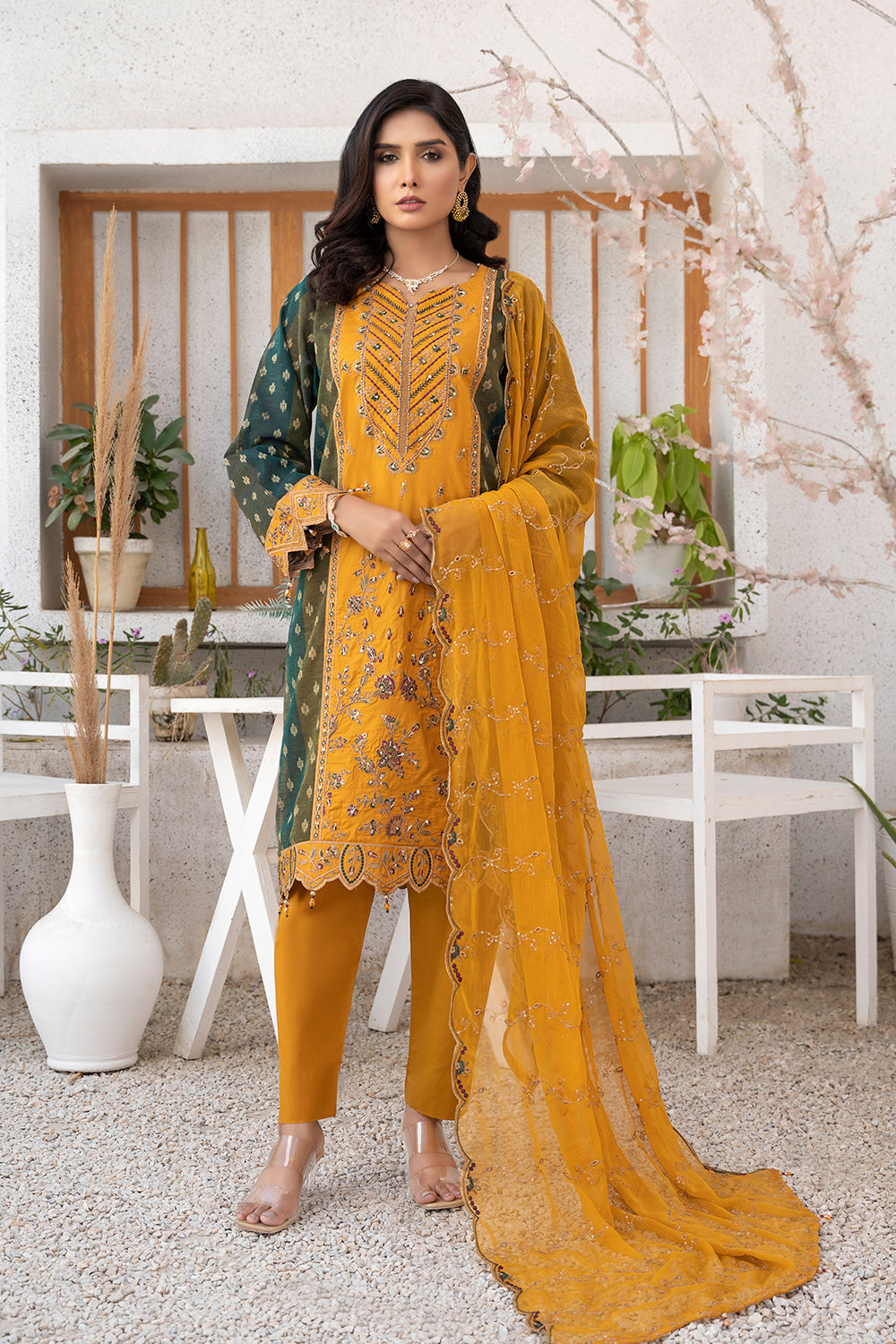 ROYAL JASMINE 3pc-Unsticthed Cotton Embroidered Suit