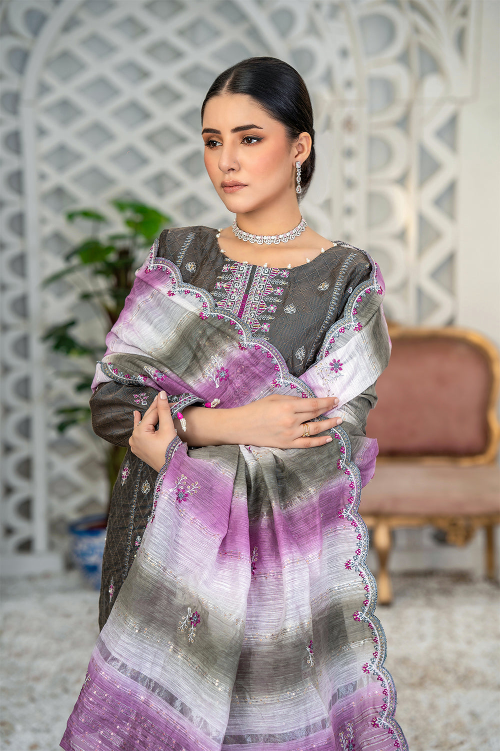 AIK ARZOO. Unstitched-3Pc Embroidered Cotton Suit